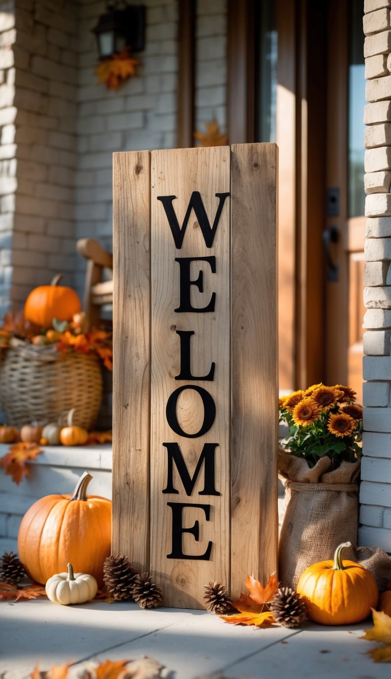 A rustic wooden welcome sign on a fall-decorated front porch with pumpkins, dried leaves, and seasonal decorations.